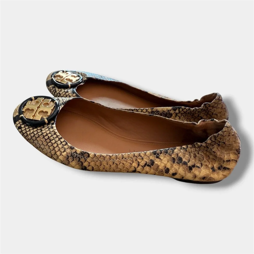Tory Burch Reva‎ Ballet Flats Women 10M Tan Snakeskin Embossed Leather Logo Good